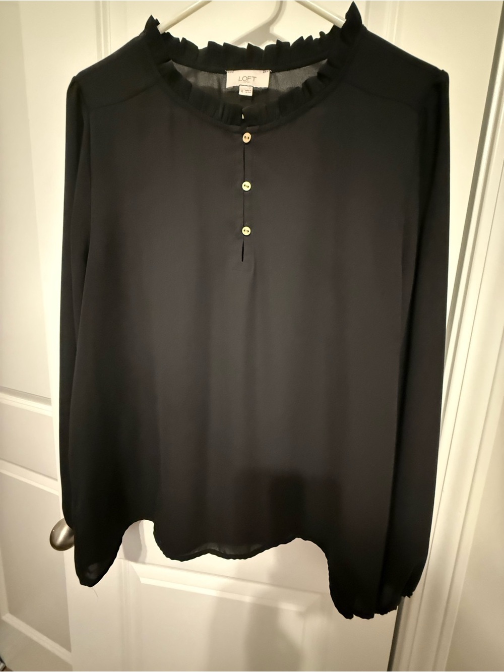 LOFT Black Ruffle-Neck Long Sleeve Blouse with Button Placket
